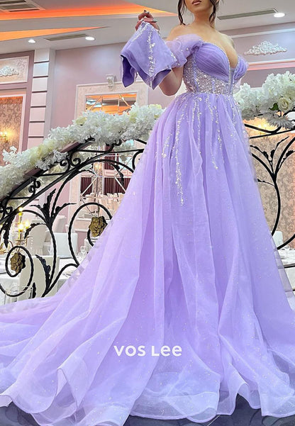 Purple Off Shoulder Beading Sequins A-line Prom Dress Floor Length Formal Dresses