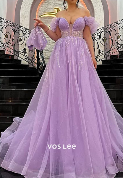 Purple Off Shoulder Beading Sequins A-line Prom Dress Floor Length Formal Dresses
