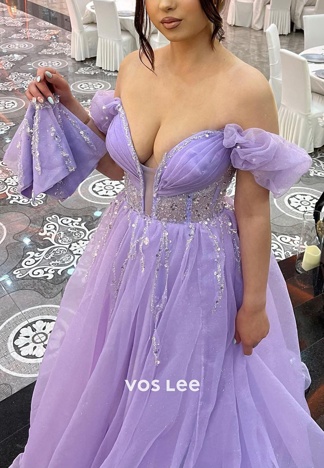 Purple Off Shoulder Beading Sequins A-line Prom Dress Floor Length Formal Dresses