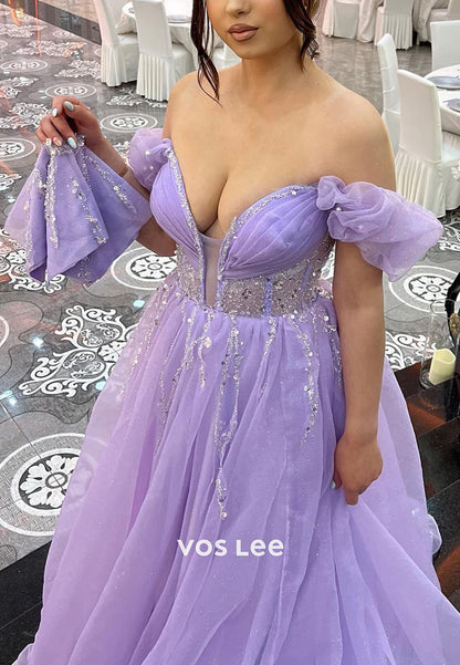 Purple Off Shoulder Beading Sequins A-line Prom Dress Floor Length Formal Dresses
