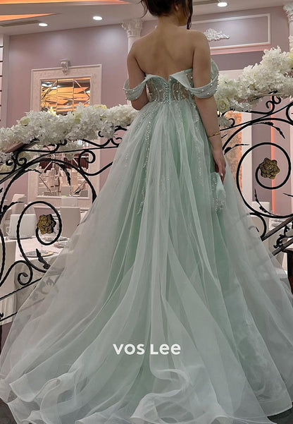 Green Off Shoulder Beading Pearls Sequins A-line Prom Dress Floor Length Formal Dresses