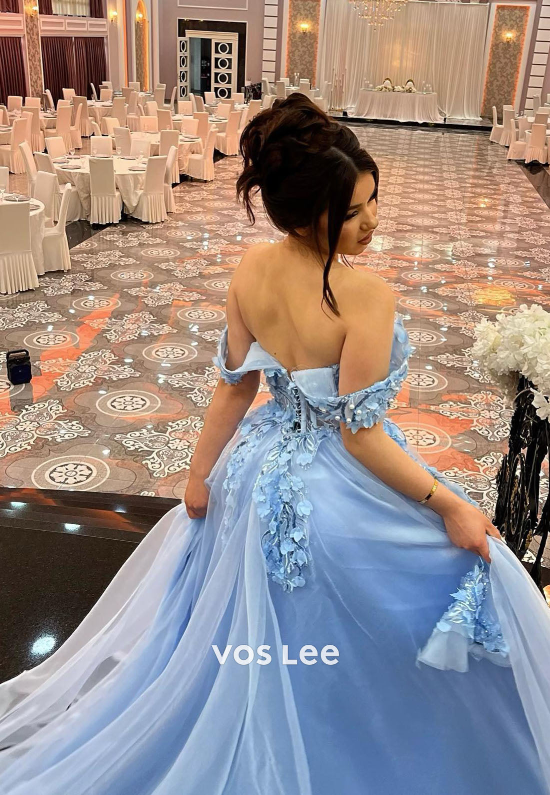 Blue Off Shoulder Beading Pearls Appliques A-line Prom Dress Floor Length Formal Dresses