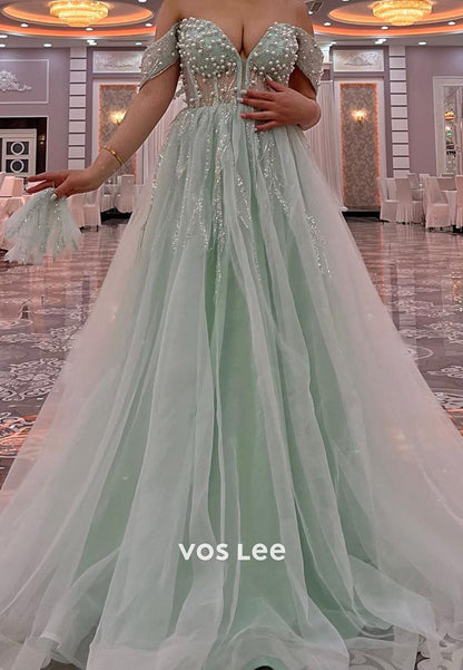 Green Off Shoulder Beading Pearls Sequins A-line Prom Dress Floor Length Formal Dresses