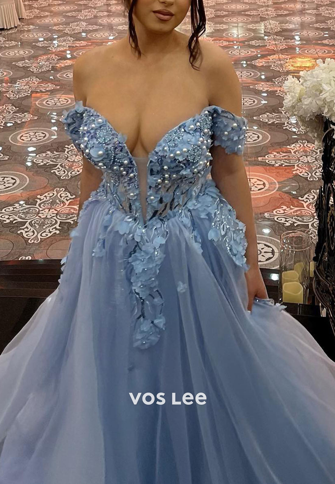 Blue Off Shoulder Beading Pearls Appliques A-line Prom Dress Floor Length Formal Dresses