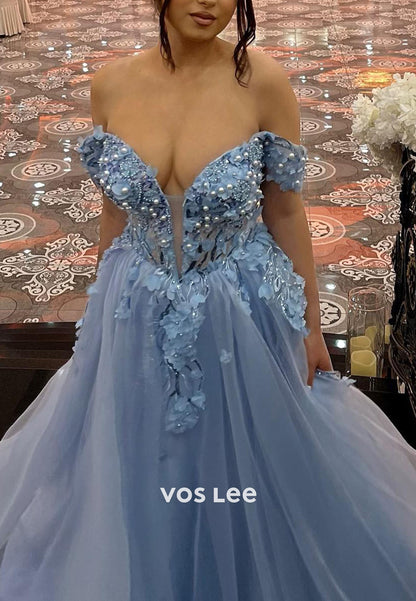 Blue Off Shoulder Beading Pearls Appliques A-line Prom Dress Floor Length Formal Dresses