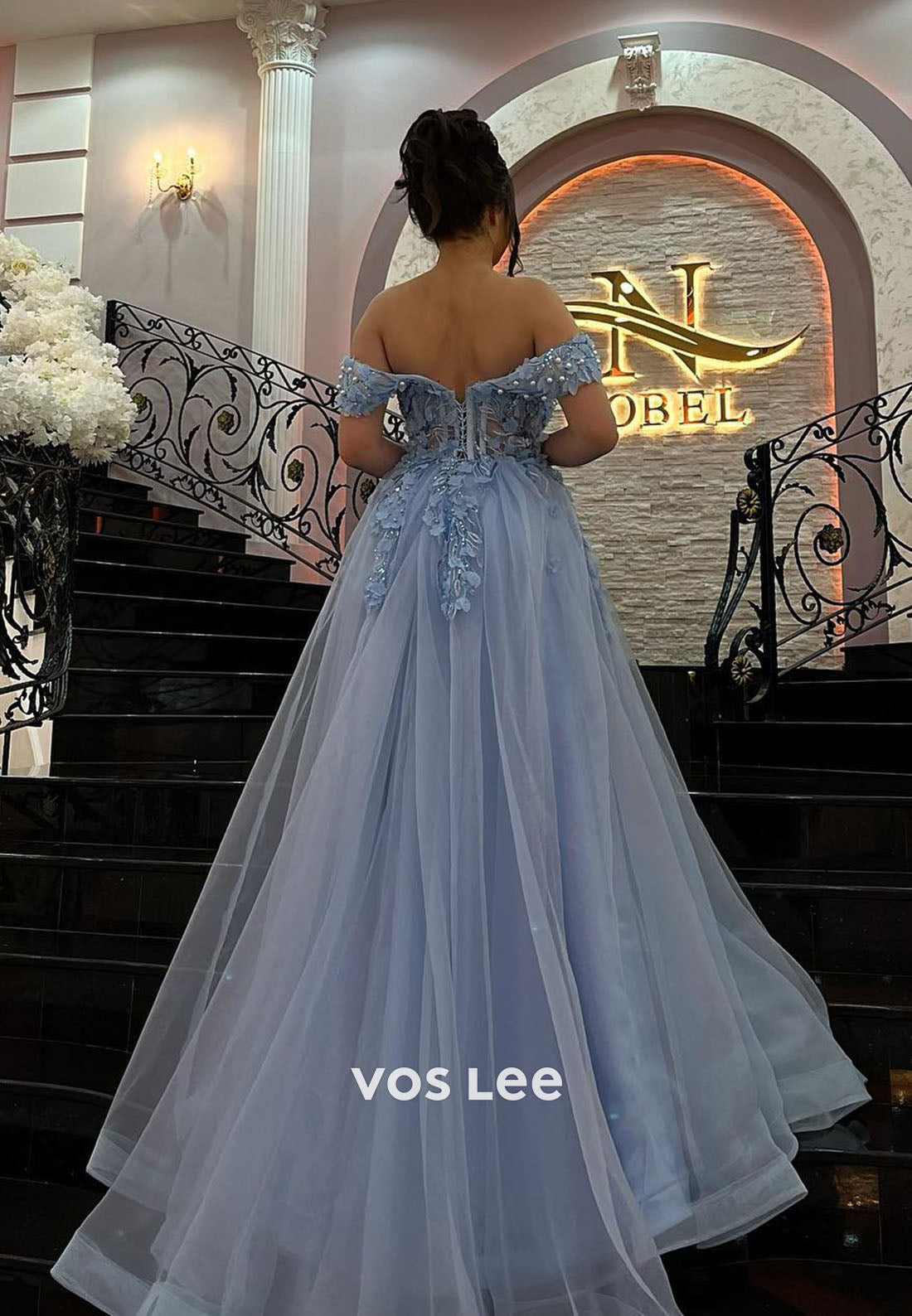Blue Off Shoulder Beading Pearls Appliques A-line Prom Dress Floor Length Formal Dresses