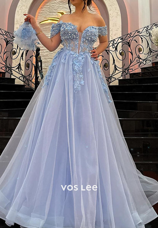 Blue Off Shoulder Beading Pearls Appliques A-line Prom Dress Floor Length Formal Dresses