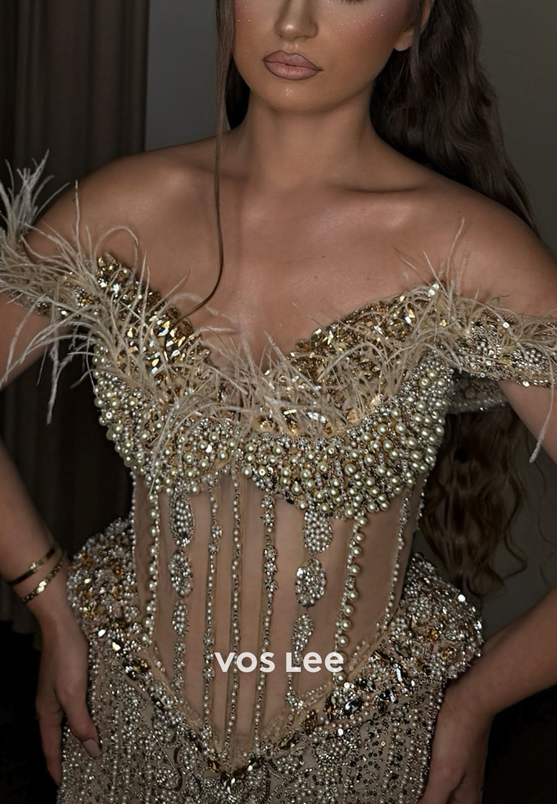 Luxury Sweetheart Fully Diamonds  Mermaid Evening Dress Long Prom Dress With Feathers