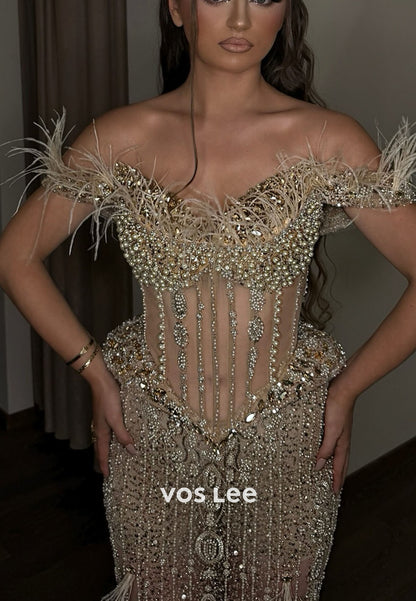 Luxury Sweetheart Fully Diamonds  Mermaid Evening Dress Long Prom Dress With Feathers