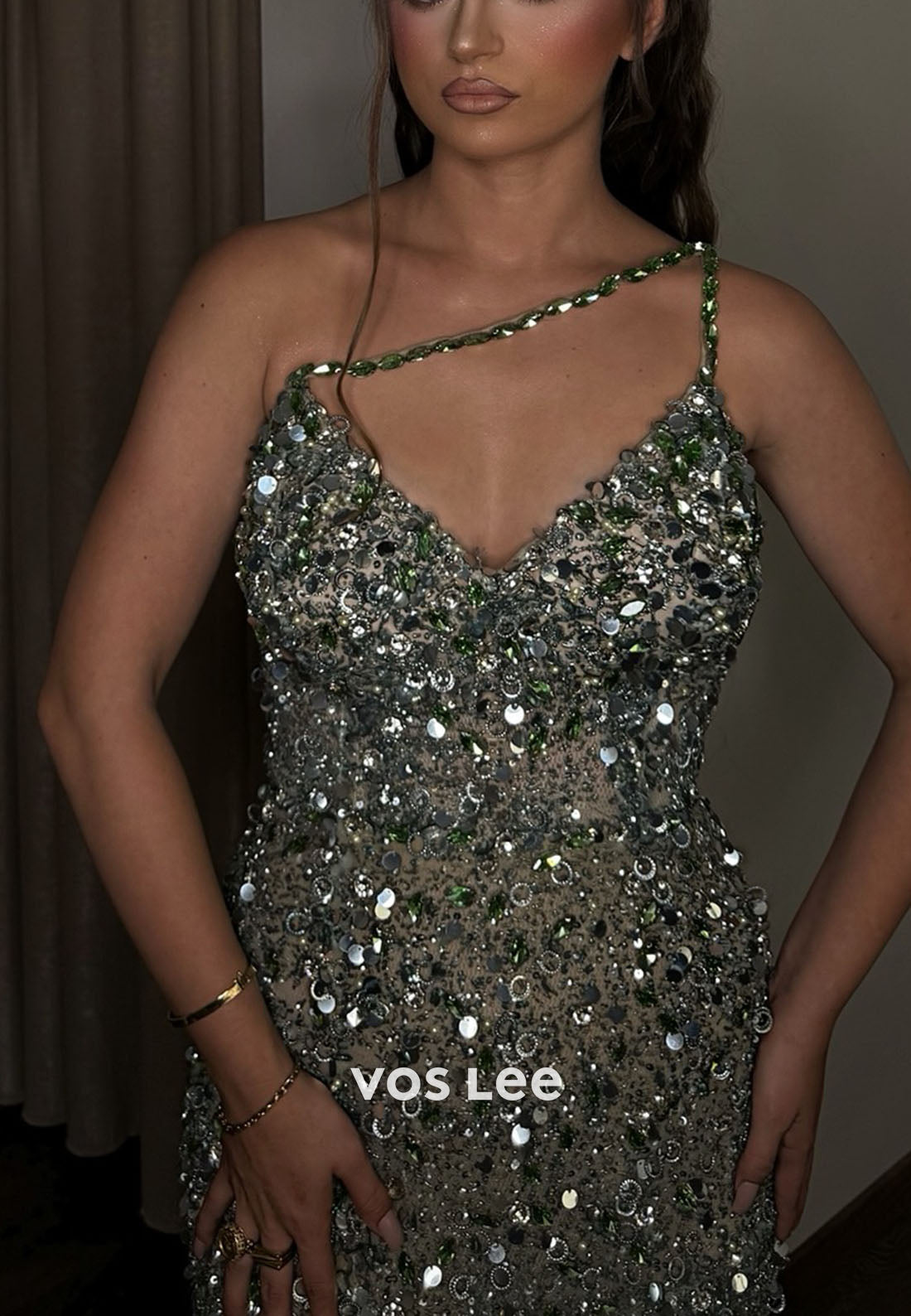 One Shoulder Sleeveless Sequins Mermaid Evening Gowns Long Prom Dress With Crystals