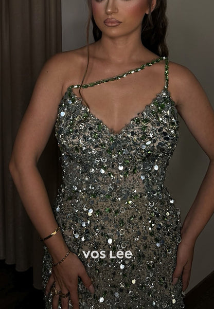One Shoulder Sleeveless Sequins Mermaid Evening Gowns Long Prom Dress With Crystals