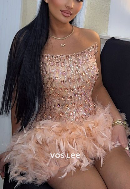 Luxury Strapless Gliiter Rhinestone Beaded WIth Feathers Prom Dress