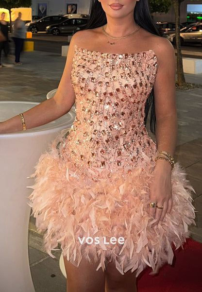 Luxury Strapless Gliiter Rhinestone Beaded WIth Feathers Prom Dress