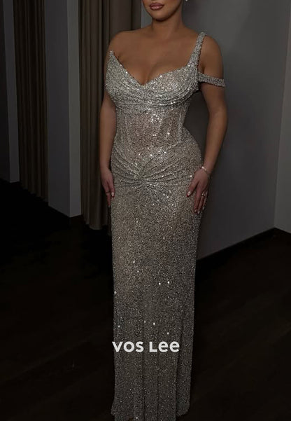 One Shoulder Sleeveless Sequins Mermaid Evening Gowns Long Prom Dress