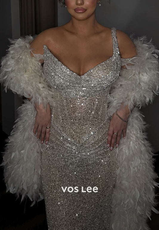 One Shoulder Sleeveless Sequins Mermaid Evening Gowns Long Prom Dress