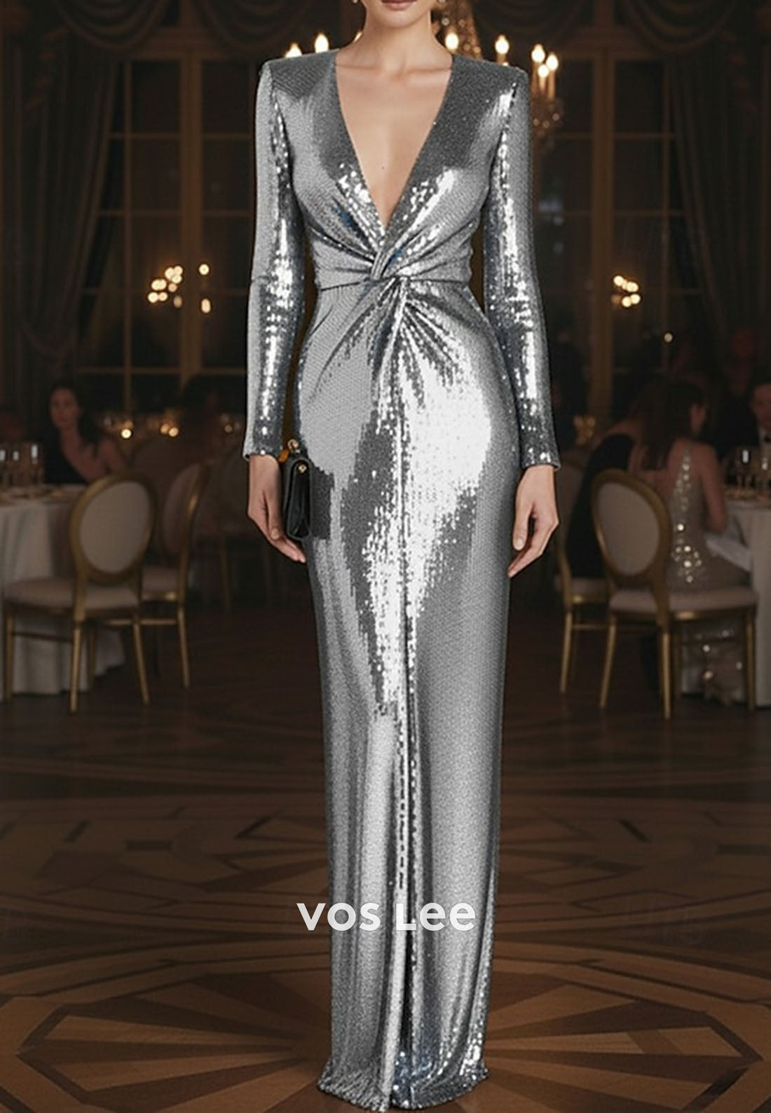 Sequins V Neck Long Sleeve Mermaid Pleat Long Evening Gowns