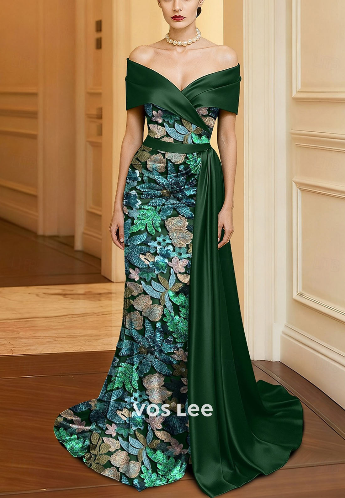 Elegant Off Shoulder Satin Sheath Evening Gown Glittering Sequined Floor Length Formal Dress