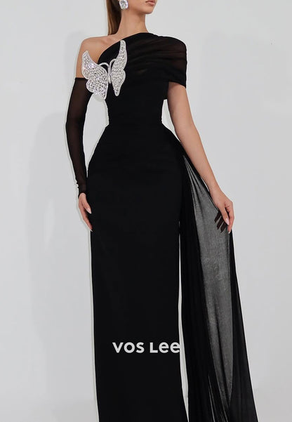 Long Sleeve One Shoulder Butterfly Embellished Floor-Length Mermaid Evening Dresses