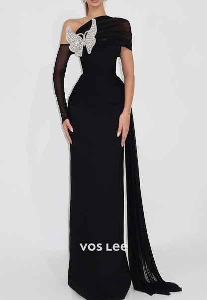 Long Sleeve One Shoulder Butterfly Embellished Floor-Length Mermaid Evening Dresses