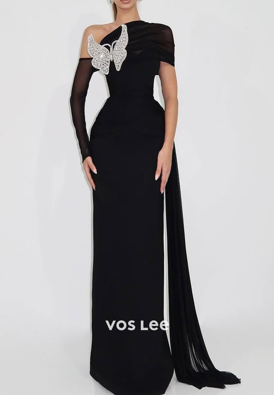 Long Sleeve One Shoulder Butterfly Embellished Floor-Length Mermaid Evening Dresses