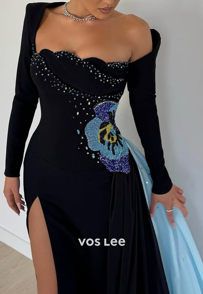 Sexy & Hot Long Sleeve Asymmetrical Neck High Split Pleated Mermaid Evening Dresses