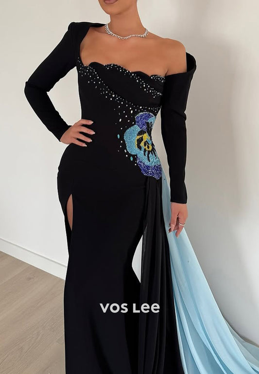 Sexy & Hot Long Sleeve Asymmetrical Neck High Split Pleated Mermaid Evening Dresses