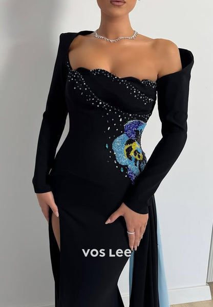 Sexy & Hot Long Sleeve Asymmetrical Neck High Split Pleated Mermaid Evening Dresses