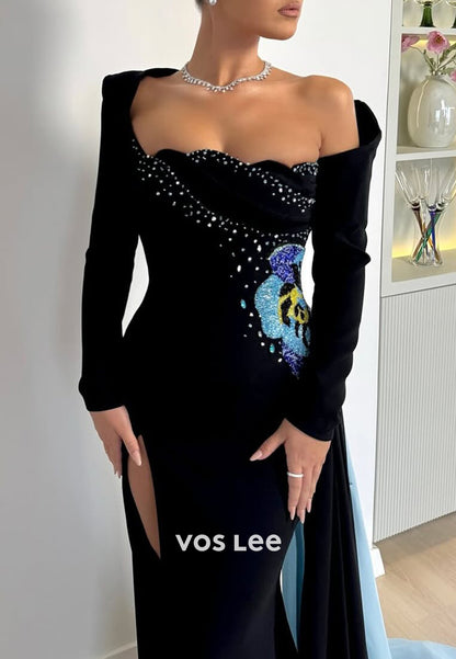 Sexy & Hot Long Sleeve Asymmetrical Neck High Split Pleated Mermaid Evening Dresses