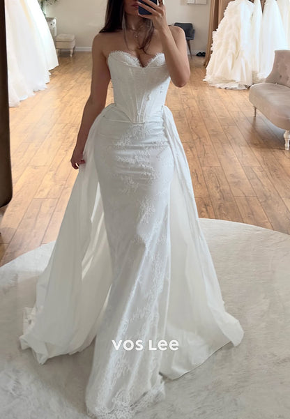 strapless sweetheart neckline mermaid wedding dress T242022_Alluring Romantic Tulle Mermaid Gown with Strapless Sweetheart Neckline and Detachable Bishop Sleeves