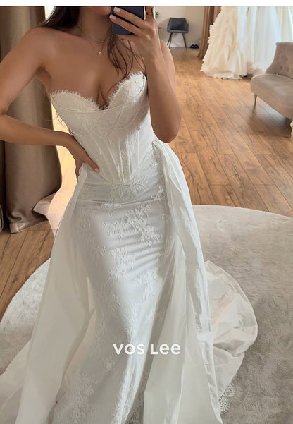 Strapless Sweetheart Beaded Appliqued Mermaid Wedding Dresses with Court Train