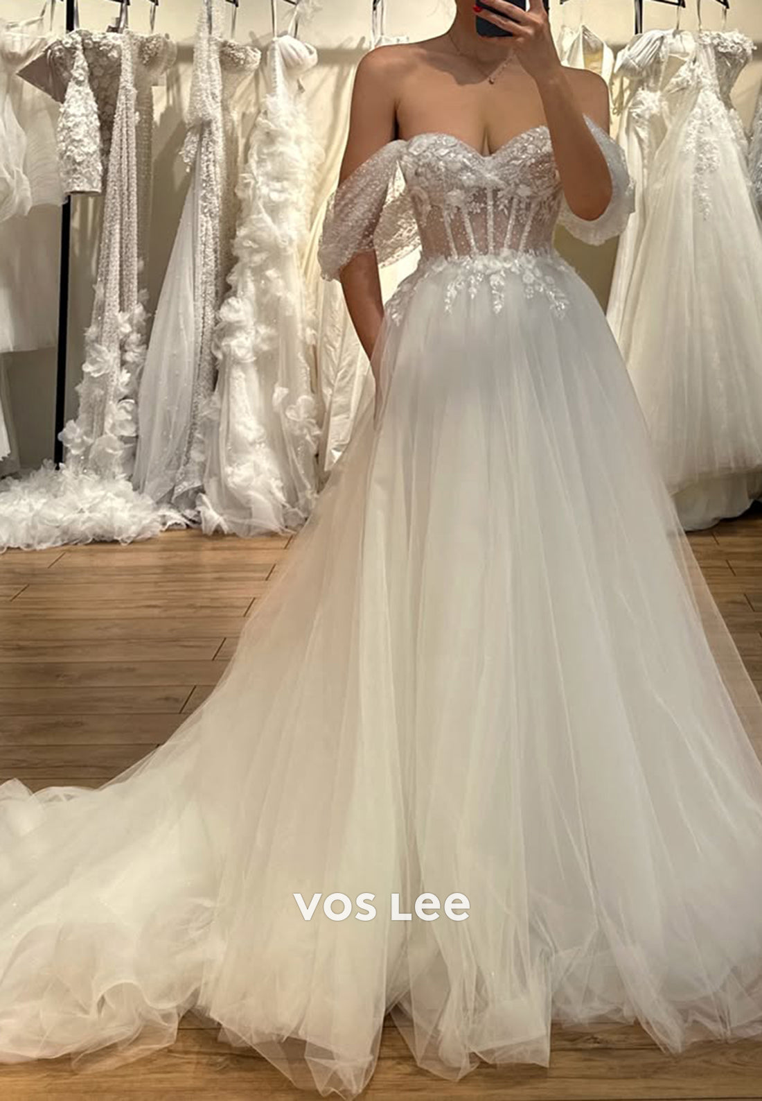 A-Line Off-Shoulder Sweetheart Appliques Lace Long Wedding Dresses with Chapel Train