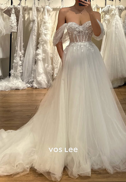 A-Line Off-Shoulder Sweetheart Appliques Lace Long Wedding Dresses with Chapel Train