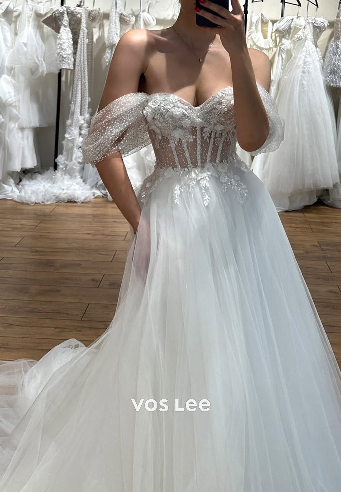 A-Line Off-Shoulder Sweetheart Appliques Lace Long Wedding Dresses with Chapel Train