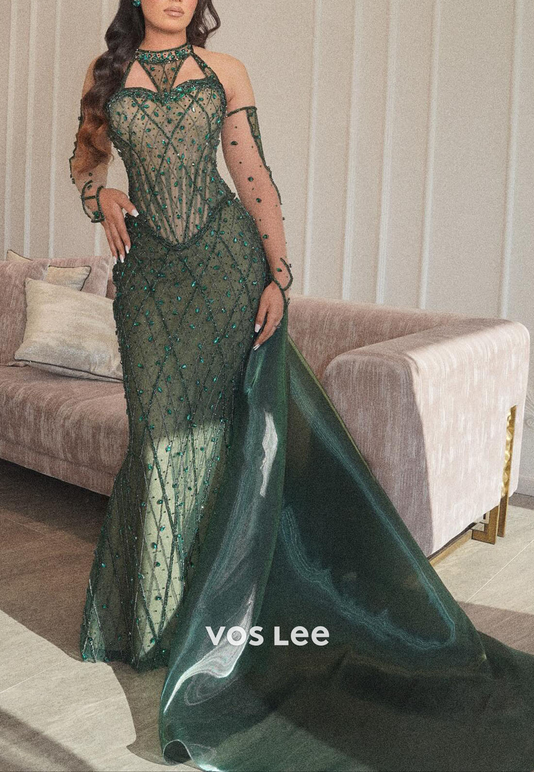 Green Halter Luxury Beaded Corset Evening Dress Formal Party Gown with Sleeves