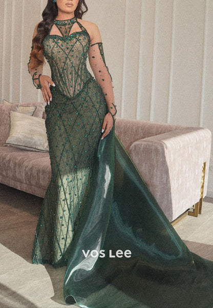 Green Halter Luxury Beaded Corset Evening Dress Formal Party Gown with Sleeves