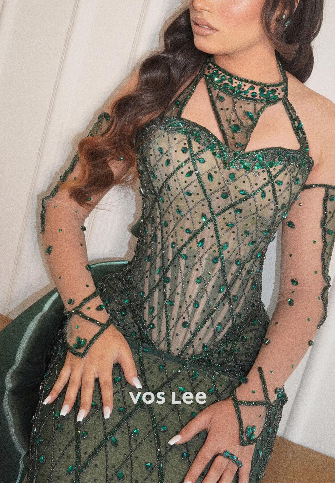 Green Halter Luxury Beaded Corset Evening Dress Formal Party Gown with Sleeves