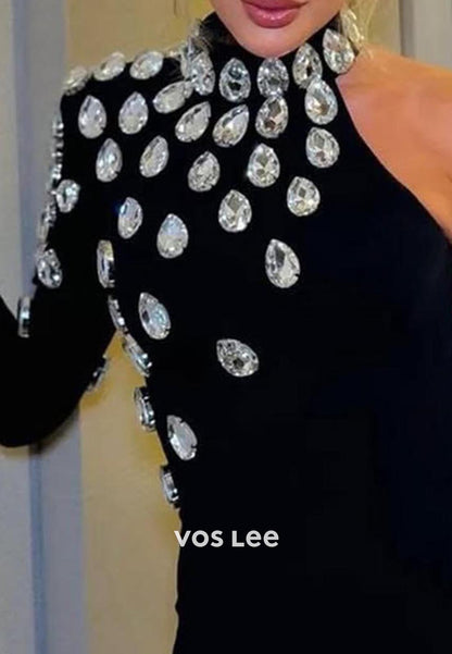 Black Long Sleeves High Neck  Rhinestone  Formal Dresses with High Slit