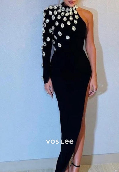 Black Long Sleeves High Neck  Rhinestone  Formal Dresses with High Slit