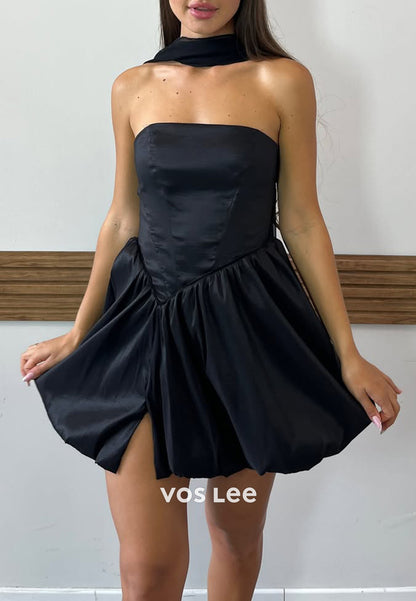 A-Line Strapless Pleated Short Homecoming Dresses with Side Split