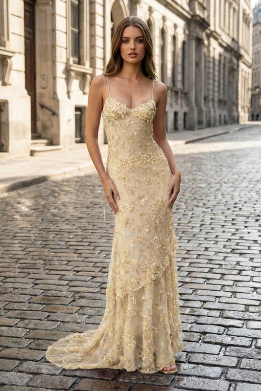 Elgant Spaghetti Straps Mermaid Sequined Lace Long Formal Prom Dresses