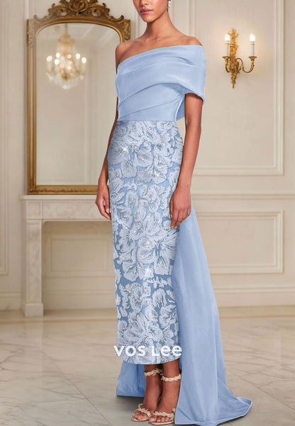 Elegant Glittering Off Shoulder Sheath Floor Length Evening Gown Wedding Guest Dress