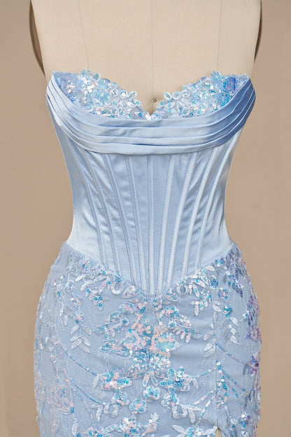 Sky Blue Strapless Mermaid Sequined Lace Long Formal Prom Dresses With Slit