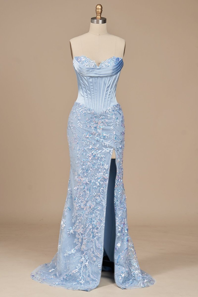 Sky Blue Strapless Mermaid Sequined Lace Long Formal Prom Dresses With Slit