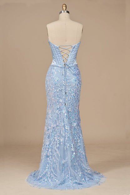 Sky Blue Strapless Mermaid Sequined Lace Long Formal Prom Dresses With Slit
