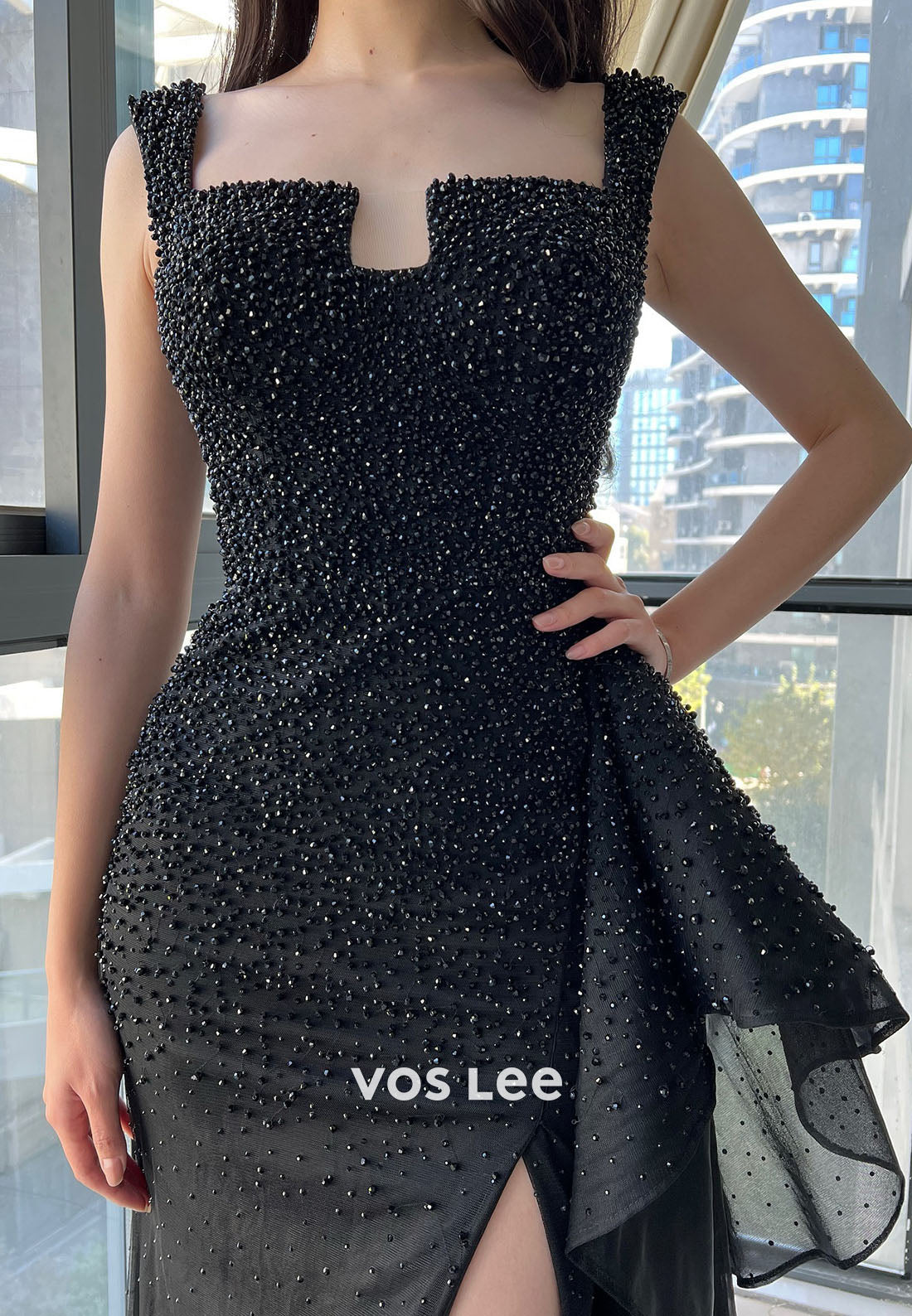 Square Neck Spaghetti Straps Crstals Black Split Dress Prom Dress