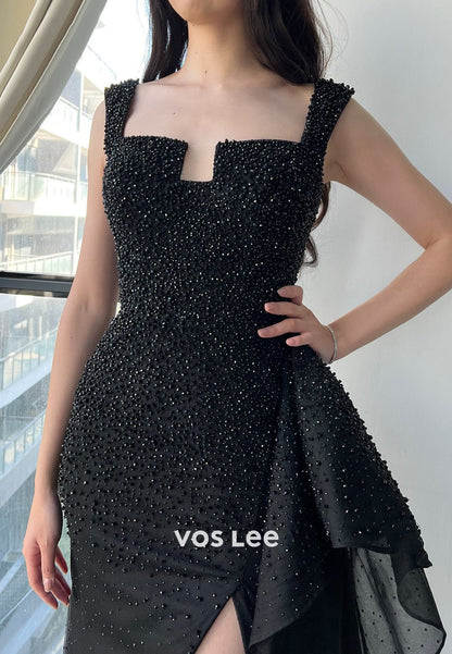 Square Neck Spaghetti Straps Crstals Black Split Dress Prom Dress