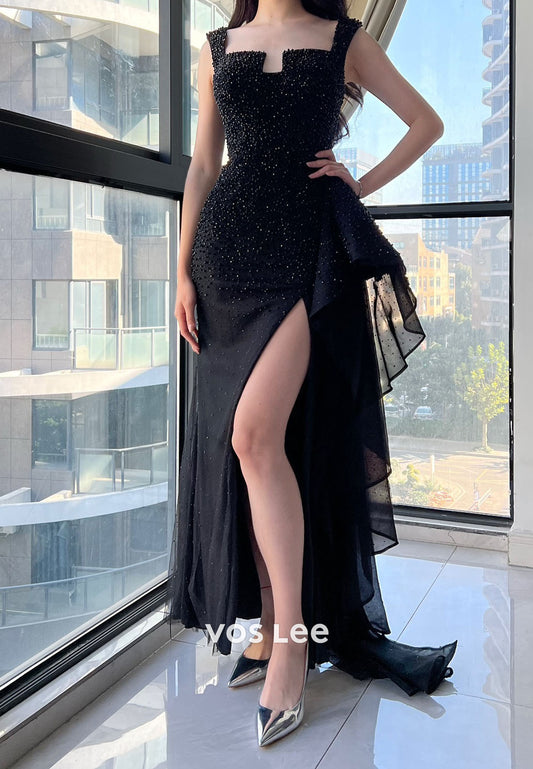 Square Neck Spaghetti Straps Crstals Black Split Dress Prom Dress