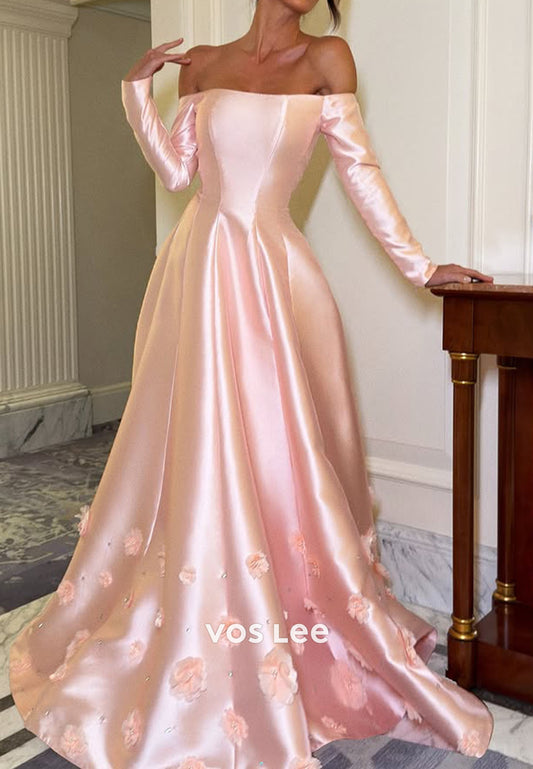 Pink Off the Shoulder 3D Flowers Appliques A Line Evening Dress with Long Sleeves