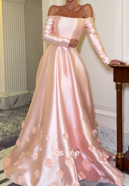 Pink Off the Shoulder 3D Flowers Appliques A Line Evening Dress with Long Sleeves