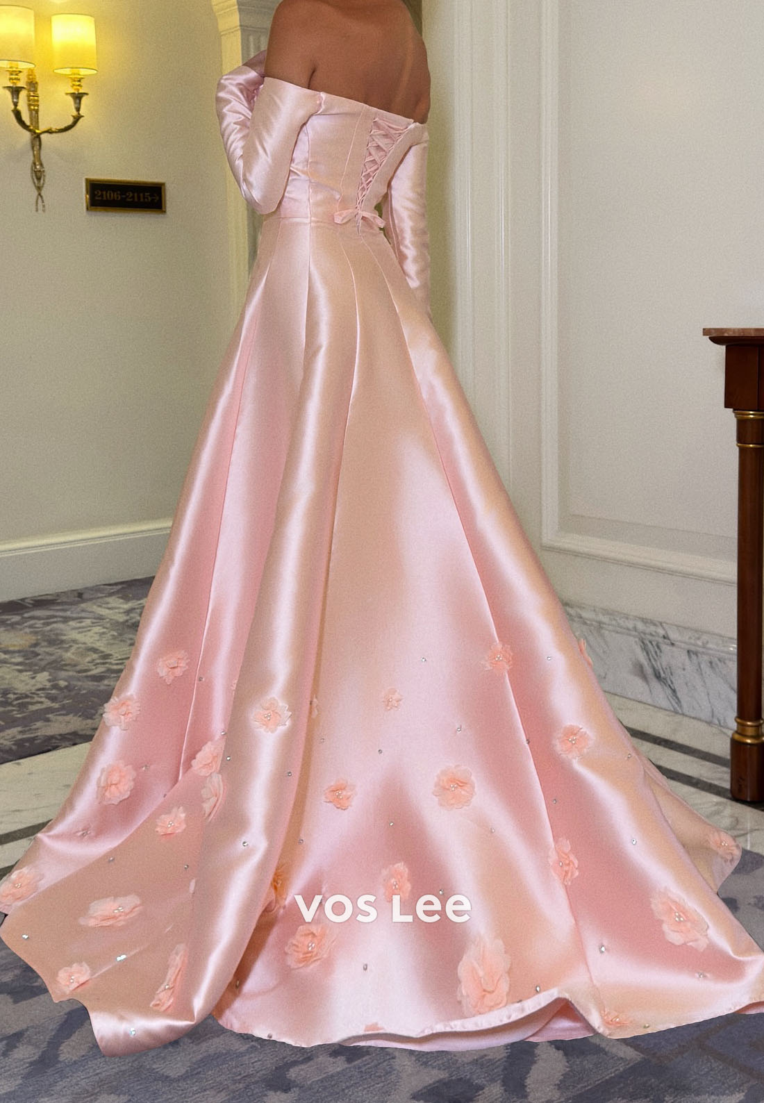 Pink Off the Shoulder 3D Flowers Appliques A Line Evening Dress with Long Sleeves